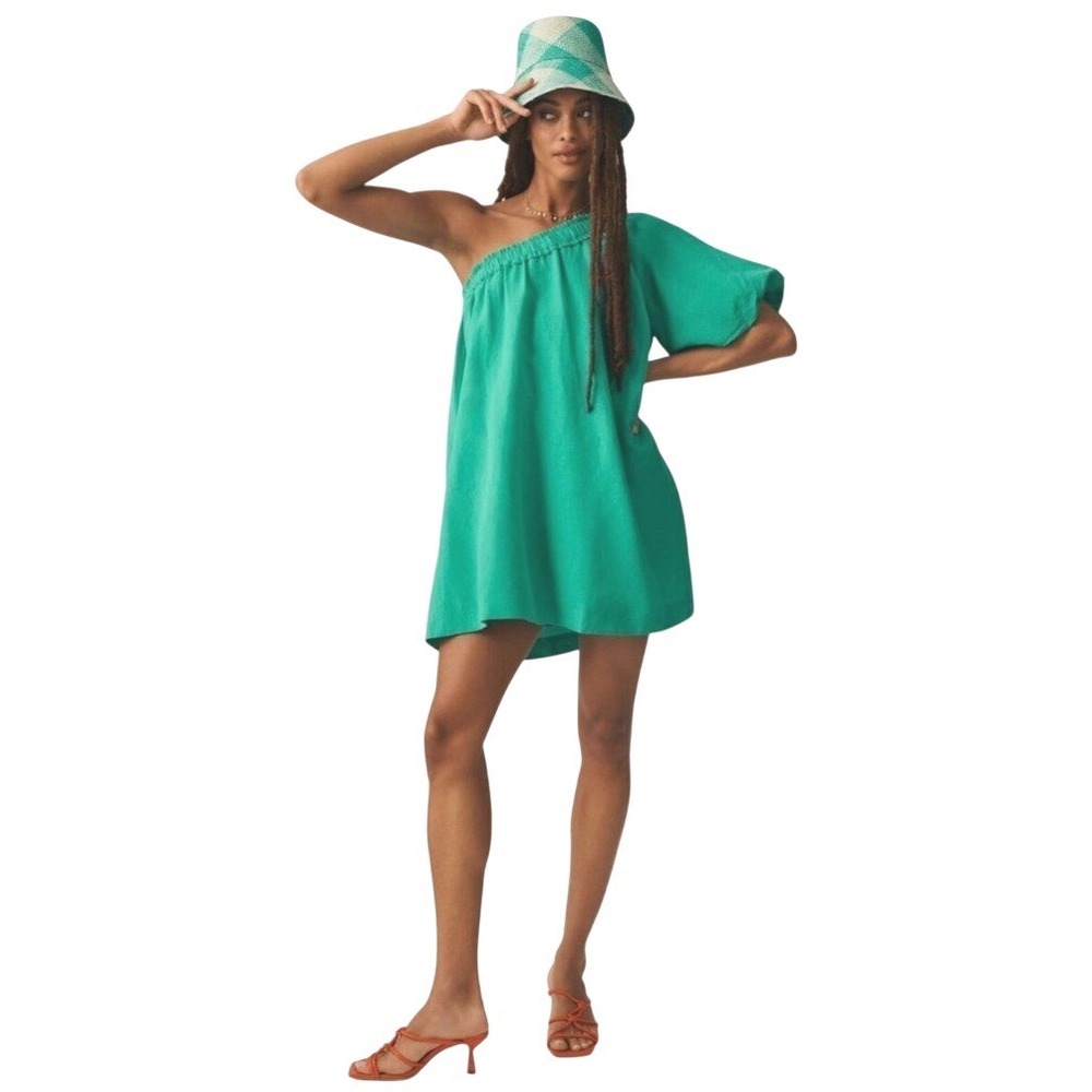 NWT By Anthropologie One-Shoulder Smocked Mini Turquoise Dress, Size XLP